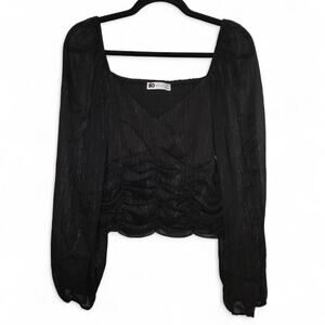 Black Sheer Shimmer Blouse Y2K Whimsygoth Puff Sleeve Ruched Top